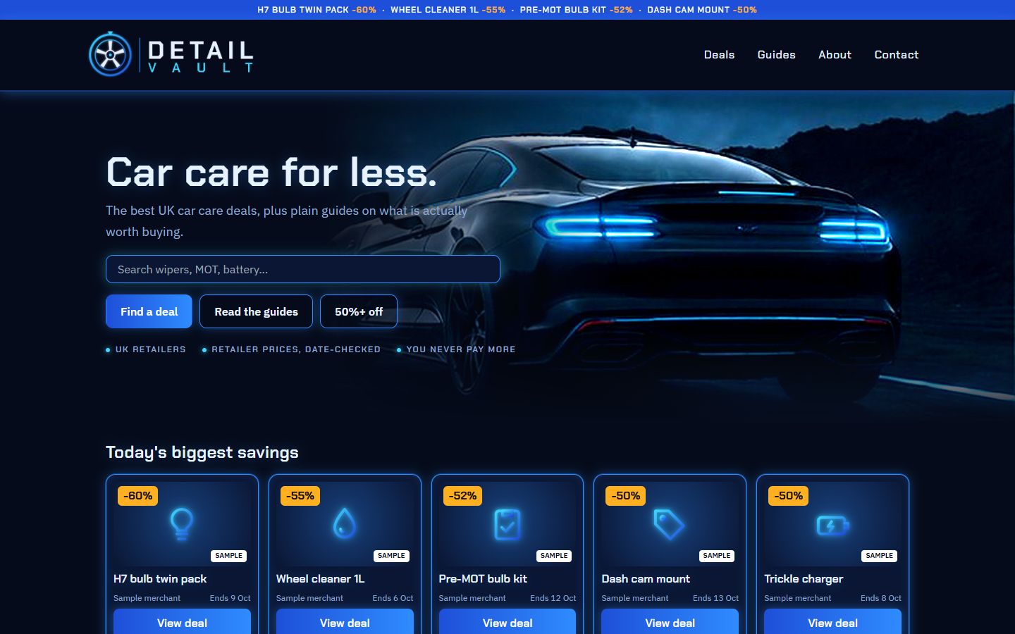 Screenshot of the Detail Vault homepage: car care deals