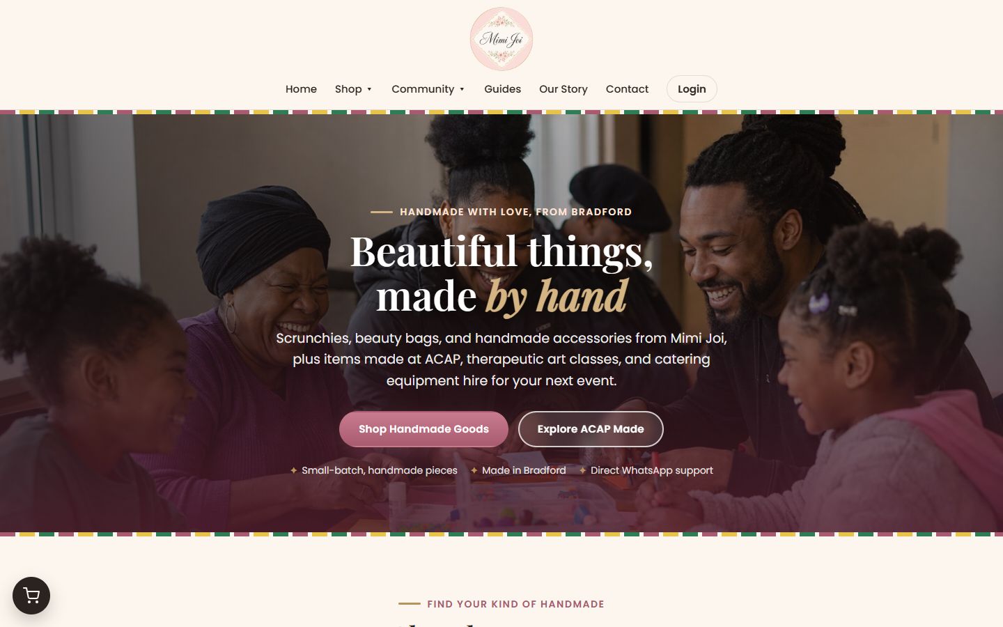 Screenshot of the Mimi Joi homepage: handmade beauty accessories, made in Bradford