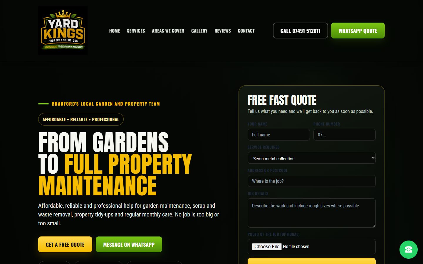 Screenshot of the Yard Kings homepage: property maintenance in Bradford